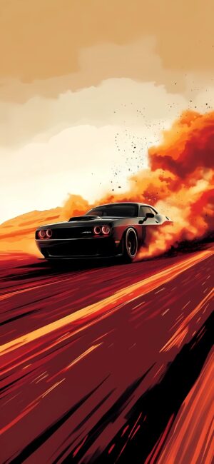 Sleek black muscle car skids on road, kicking up orange dust, capturing high-speed thrills. | 4K Wallpaper, for Mobile.