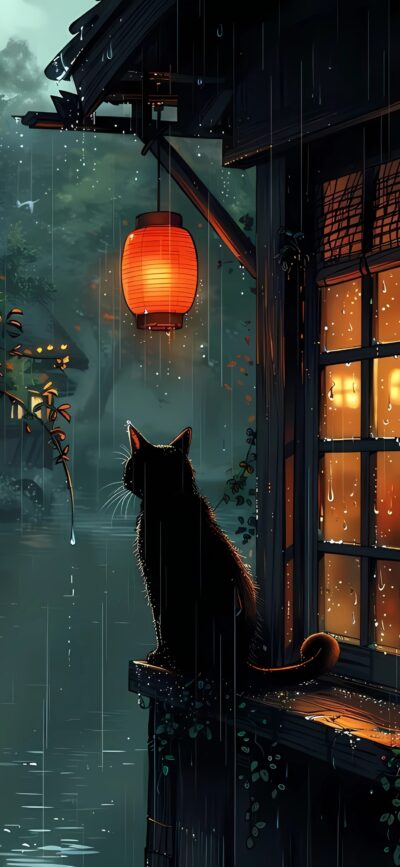 Night scene wallpaper with a cat silhouette by a window in the rain, glowing lantern, misty landscape | 4K Wallpaper for Mobile