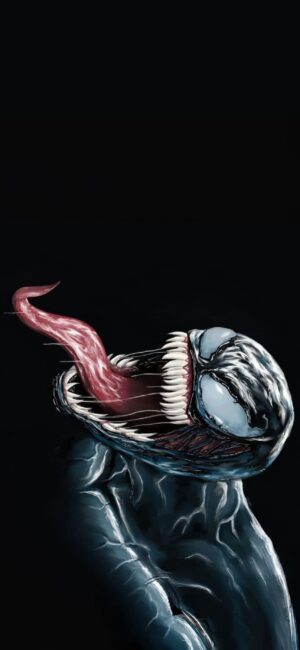 Venom from Marvel Comics with a long tongue and sharp teeth on a black backdrop | 4K Wallpaper for Mobile