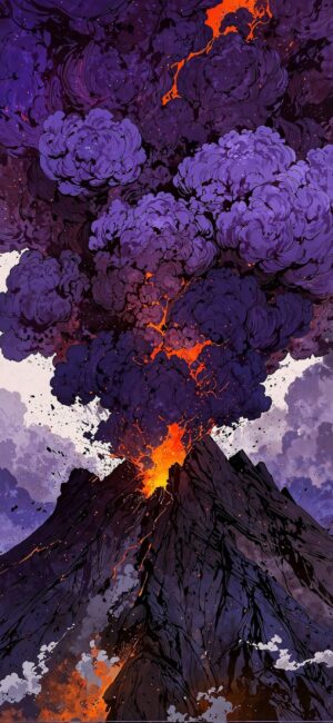 Volcanic eruption art with vivid lava and purple smoke on a black background. | 4K Wallpaper for Mobile | Purple, Orange, Black