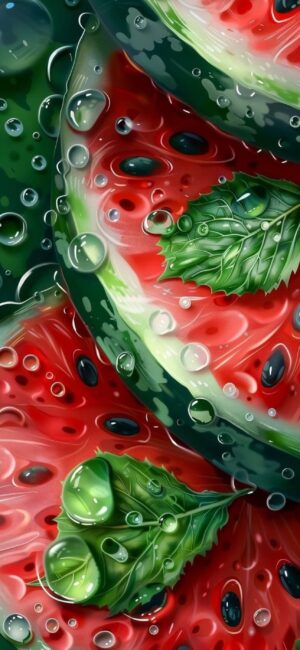 Vibrant watermelon slices with droplets and mint leaves create a fresh look in this 4K Wallpaper for Mobile | Red, Green, Black tones.