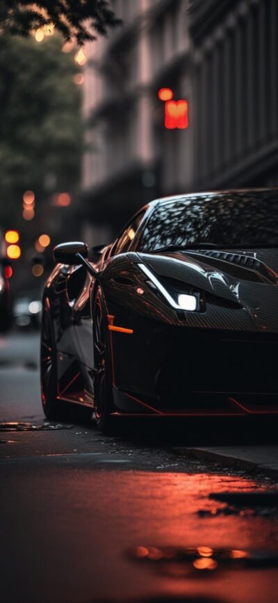 Sleek black sports car with neon accents on a wet city street at night | 4K Wallpaper for Mobile