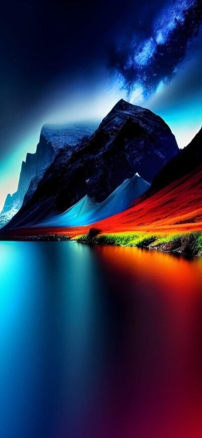 Vibrant surreal landscape with mountains, gradient waters, and starry night sky: Blue, Red, Orange | 4K Wallpaper for Mobile