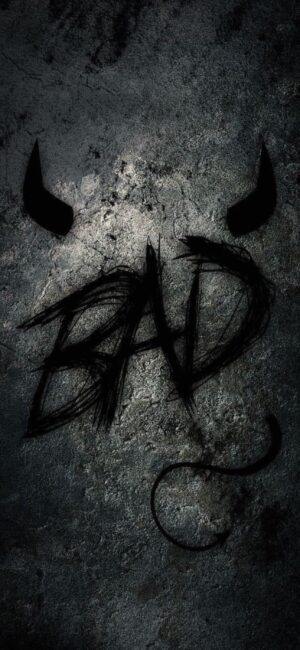 "BAD" text with devil horns and tail on a dark, textured backdrop | Edgy feel | Black & gray | 4K Wallpaper for Mobile