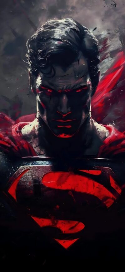 Superman with intense expression, iconic "S" shield, dark background | Red, Black, Gray | Superhero | Mobile 4K Wallpaper