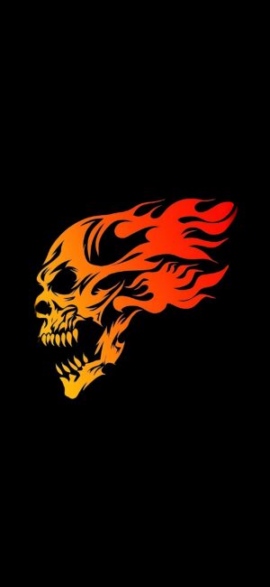 Fiery skull with flames on a black background, ideal for intense, edgy visuals | 4K Wallpaper for Mobile