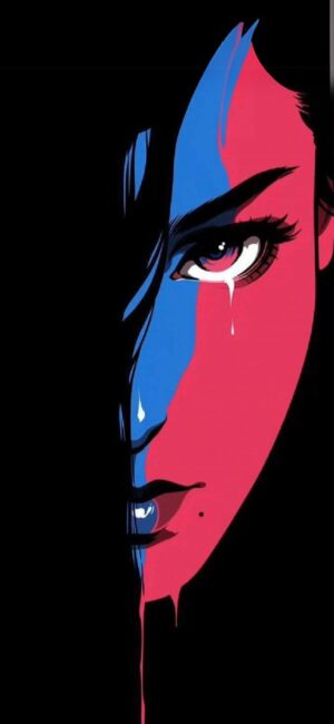 Abstract woman's face with blue and red contrasts on black background, featuring a tear drop | 4K Wallpaper for Mobile