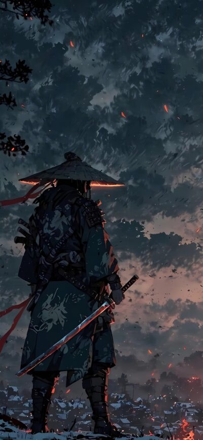 Samurai warrior in traditional armor amid a battle-scarred landscape, dramatic sky, embers | 4K Wallpaper for Mobile | Dark, Grey, Red