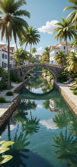 Serene canal scene with stone bridge, palm trees, and white houses with terracotta roofs reflecting in water. | 4K Wallpaper for Mobile