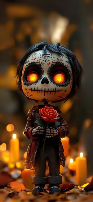 Stylized character with glowing eyes and a rose, candles in the backdrop | Day of the Dead theme | 4K Wallpaper for Mobile