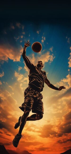 Dynamic silhouette of a basketball player against a vibrant sunset sky, showcasing energy and motion. | 4K Wallpaper for Mobile