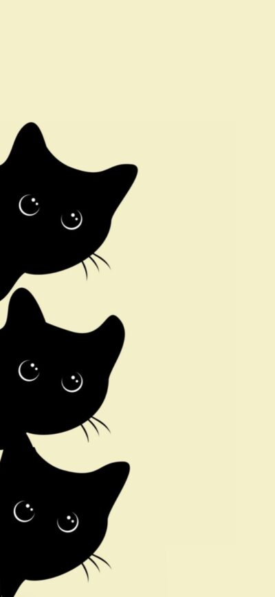 Three black cat silhouettes with large round eyes on a pale yellow background | 4K Wallpaper for Mobile