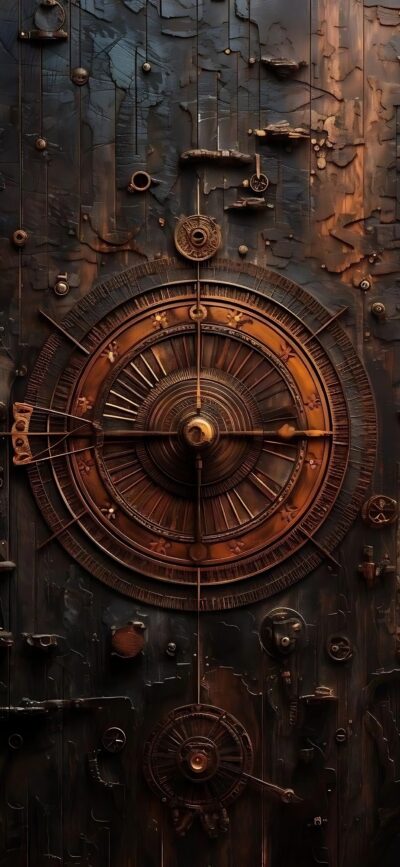 Steampunk design with gears and a clock-like mechanism on metallic background. | 4K Wallpaper for Mobile | Brown, Black, Copper