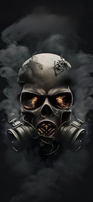 Skull with gas mask & glowing eyes, surrounded by smoke for a dark, dystopian theme. Ideal for horror fans. | 4K Wallpaper for Mobile