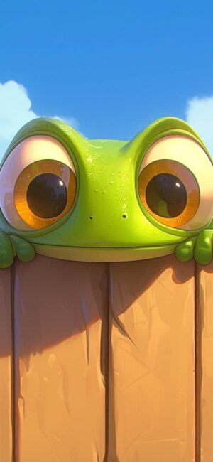 Cute animated green frog with big eyes peeking over a wooden fence under a blue sky. | 4K Wallpaper for Mobile