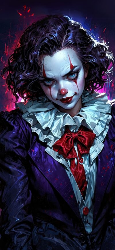 Sinister clown with red & white makeup, curly hair, ruffled suit | Red, blue highlights | 4K Wallpaper for Mobile