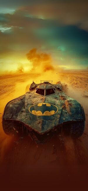 Batmobile speeding through a dramatic desert landscape with swirling dust clouds | Black, Yellow, Orange | 4K Wallpaper for Mobile