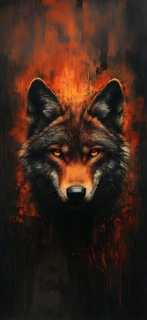 Wolf with glowing eyes on a fiery, dark background, exuding mystery and power. Rich textures, warm and deep tones | 4K Wallpaper for Mobile