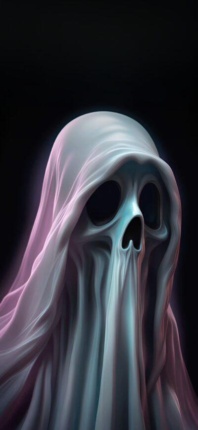 Ghostly figure with hollow eyes in flowing cloak, creating a spooky Halloween vibe. | 4K Wallpaper for Mobile | Black, White, Purple.