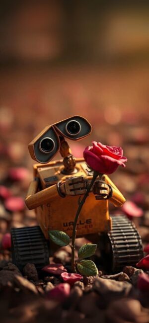 WALL-E with red rose, blurred background, pink petals, love & technology theme | 4K Wallpaper, for Mobile