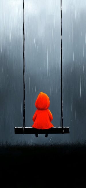 Little figure in red cloak on a swing in rain, moody dark background | 4K Wallpaper for Mobile