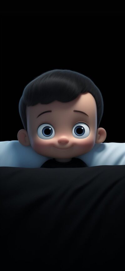 Animated character with large eyes and dark hair peeking from a blanket, set against a dark background | 4K Wallpaper for Mobile