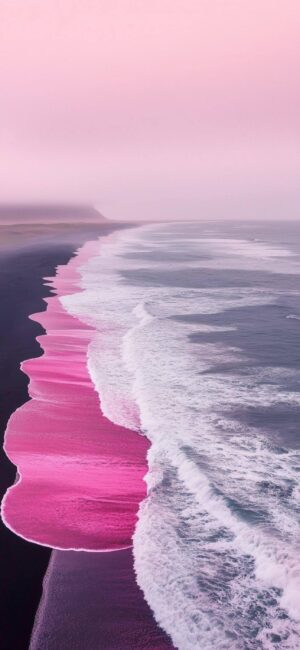 Stunning 4K pink ocean waves against a dark beach, creating a dreamy atmosphere. Perfect for mobile.| 4K Wallpaper | for Mobile