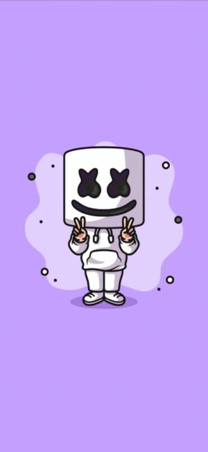 Cute cartoon character with square white helmet & black X-shaped eyes on purple background | 4K Wallpaper for Mobile