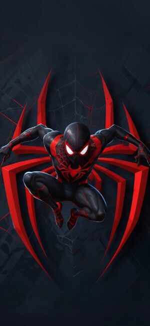 Miles Morales in iconic black/red Spiderman suit on a dark background with red spider emblem | 4K Wallpaper | For Mobile