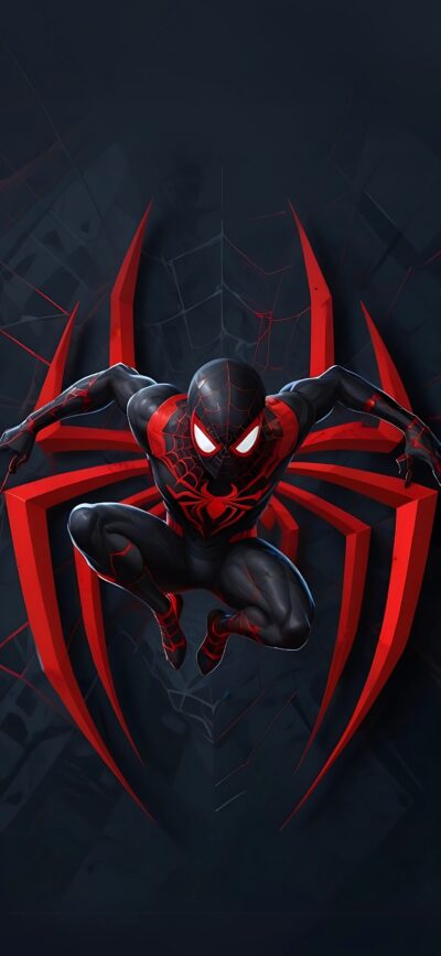 Miles Morales in iconic black/red Spiderman suit on a dark background with red spider emblem | 4K Wallpaper | For Mobile