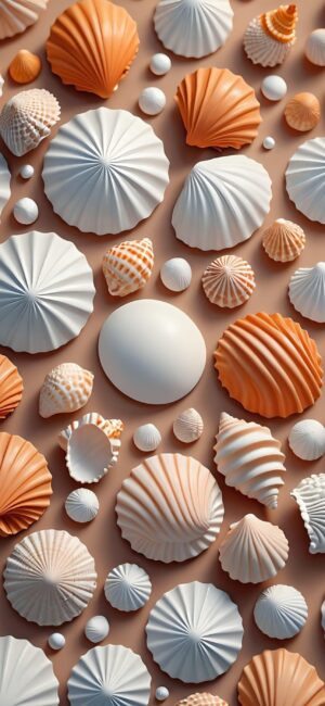 Seashells in white and coral patterns on a neutral backdrop | 4K Wallpaper for Mobile