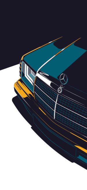 Artistic Mercedes-Benz grille and headlight design in black, teal, and yellow tones | 4K Wallpaper for Mobile