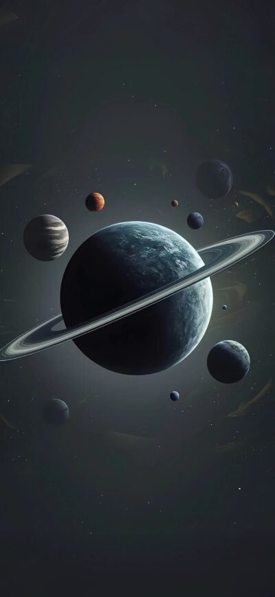 Planets in solar system with ringed planet against deep space background | Black, Blue, Grey | 4K Wallpaper for Mobile