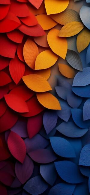 Abstract vibrant leaf pattern with red, orange, and blue textured gradients | 4K Wallpaper for Mobile.