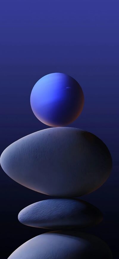 Surreal balanced stones with glowing blue sphere on deep blue background | 4K Wallpaper for Mobile | Calm, meditation-inspired design