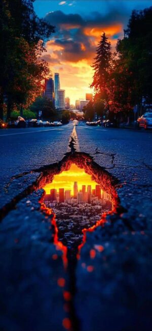 Surreal cityscape with a cracked street revealing an illuminated, inverted city beneath during a vibrant sunset | 4K Wallpaper for Mobile