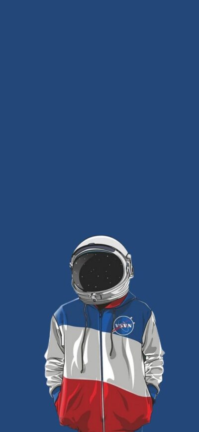 Astronaut in colorful jacket with space theme on blue background | 4K Wallpaper for Mobile