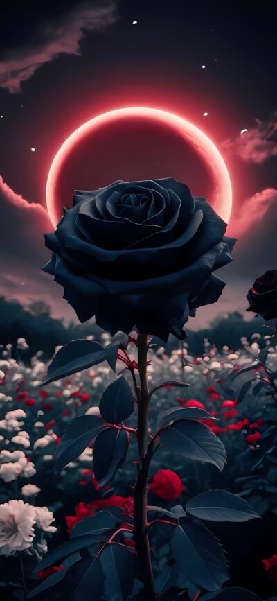 Black rose with glowing red halo against dramatic sky, surrounded by colorful roses | 4K Wallpaper for Mobile