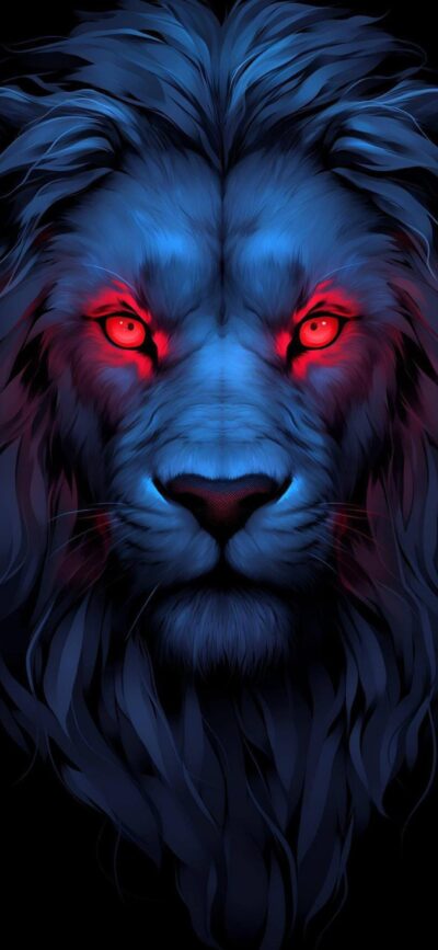 Lion with glowing red eyes & flowing mane on dark background | Black, Blue, Red | 4K Wallpaper for Mobile