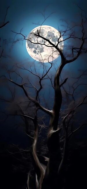 Full moon illuminating the night sky with silhouetted tree branches, evoking mystery and calm | 4K Wallpaper for Mobile