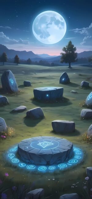 Mystical night wallpaper: full moon, ancient stones with glowing blue runes, starry sky, calm atmosphere | 4K Wallpaper for Mobile