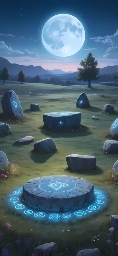 Mystical night wallpaper: full moon, ancient stones with glowing blue runes, starry sky, calm atmosphere | 4K Wallpaper for Mobile