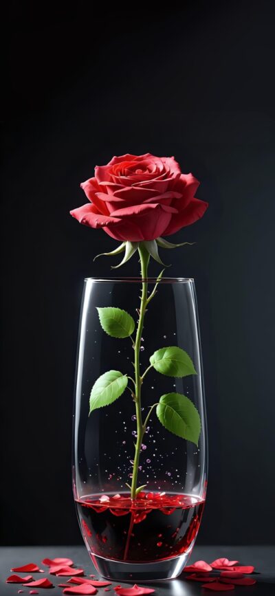 Red rose in a glass vase against a dark background | 4K Wallpaper for Mobile | Red, green, black hues, striking contrast.