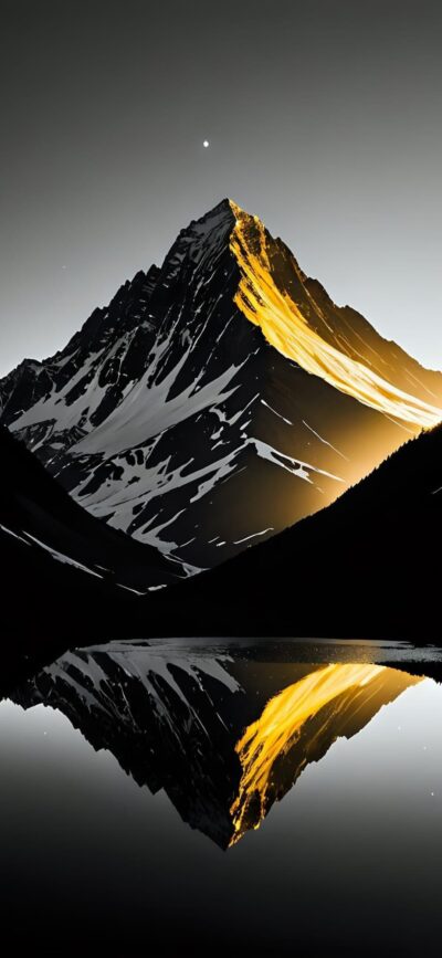 Golden-lit mountain at dusk reflected in a lake, perfect symmetry | Black, Yellow, Grey | 4K Wallpaper for Mobile | Mountain/Nature/Sunset