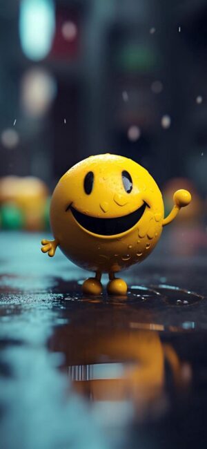 Cheerful yellow smiley face in rainy urban setting, playful mood, yellow and blue tones | 4K Wallpaper for Mobile