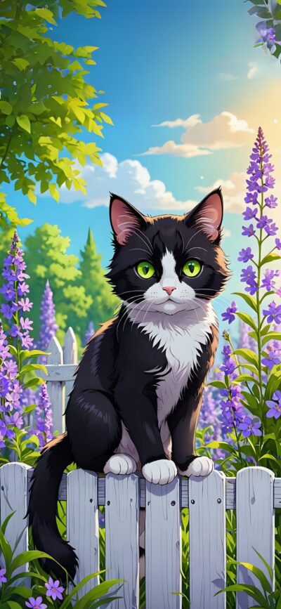 Cute kitten on white picket fence with purple flowers, green trees, and blue sky | 4K Wallpaper for Mobile