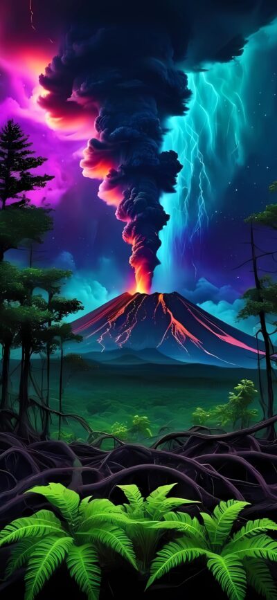 Volcanic eruption in lush forest with lightning illuminating a vibrant night sky. Dynamic nature scene | 4K Wallpaper for Mobile