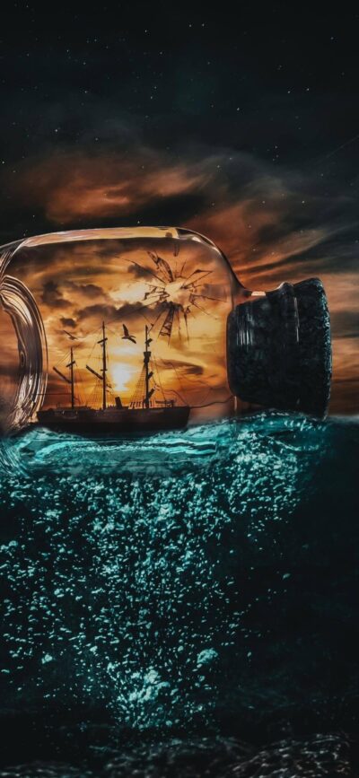 Ship in a Bottle with Sunset | Fantasy Nautical Theme | Blue, Orange, and Black | 4K Wallpaper for Mobile