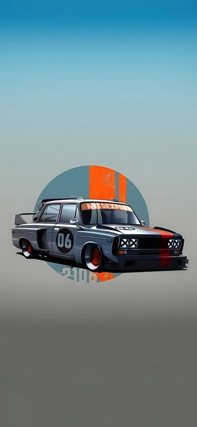 Artistic classic racing car "06," blue and orange retro background | 4K Wallpaper, for Mobile.