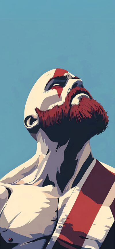 Stylized Kratos illustration with red markings on a blue background for Mobile | Blue, Red, White | 4K Wallpaper | Gaming, Fantasy.